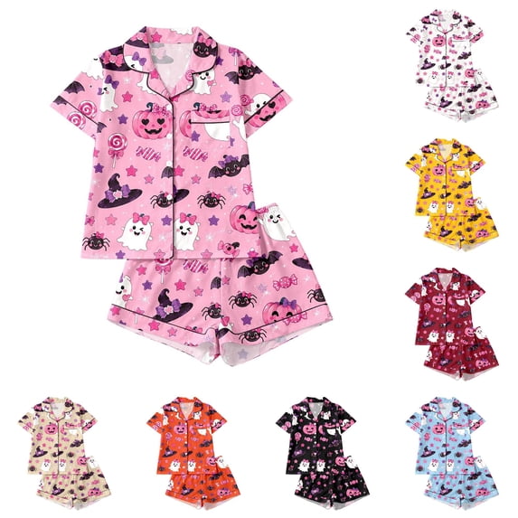 JAJAHO Girls Halloween Pajamas Cute Kids Pumpkin Ghost Pajama Set 2 Piece Pjs Button Down Sleepwear 3-14Y
