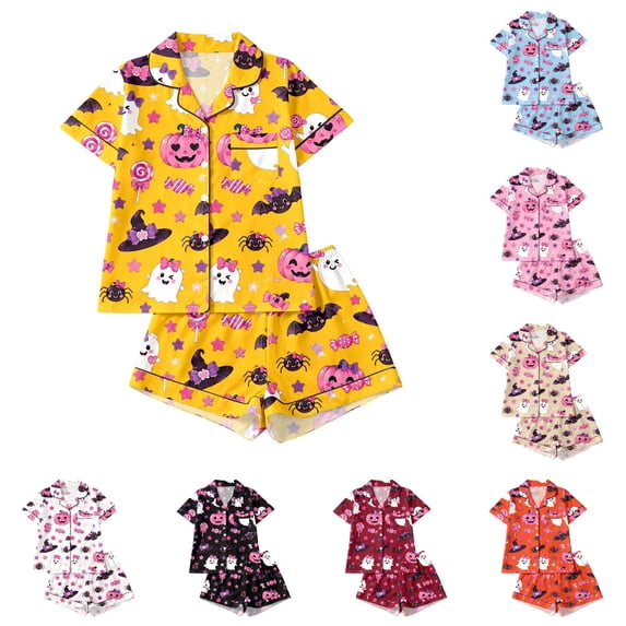 JAJAHO Girls Halloween Pajamas Cute Kids Pumpkin Ghost Pajama Set 2 Piece Pjs Button Down Sleepwear 3-14Y