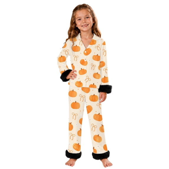 JAJAHO Girls Halloween Pajamas Fuzzy Trim Long Sleeve Sleepwear Button Down 2 Piece Pjs Set For Kids 3-14Y