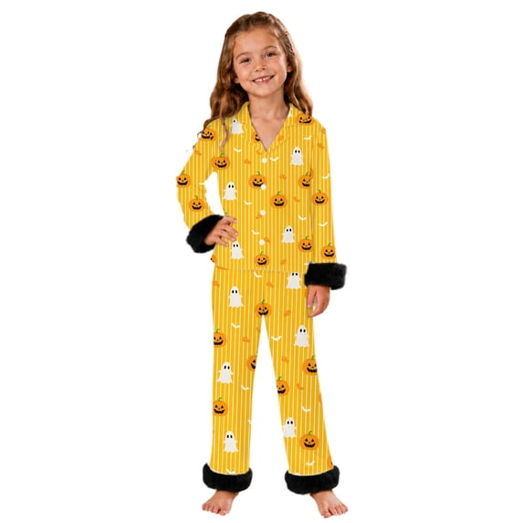 JAJAHO Girls Halloween Pajamas Fuzzy Trim Long Sleeve Sleepwear Button Down 2 Piece Pjs Set For Kids 3-14Y