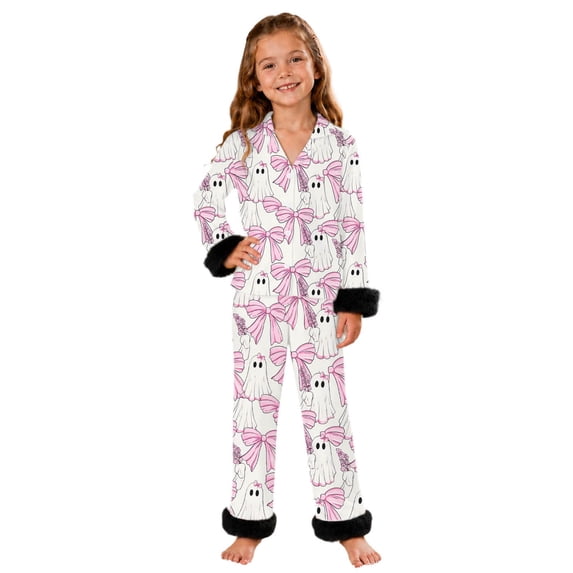 JAJAHO Girls Halloween Pajamas Fuzzy Trim Long Sleeve Sleepwear Button Down 2 Piece Pjs Set For Kids 3-14Y