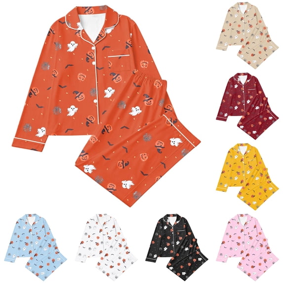JAJAHO Girls Halloween Pajamas Pumpkin Ghost Long Sleeve Button Down Shirts Pants Kids Sleepwear Pjs Sizes 3-14Y