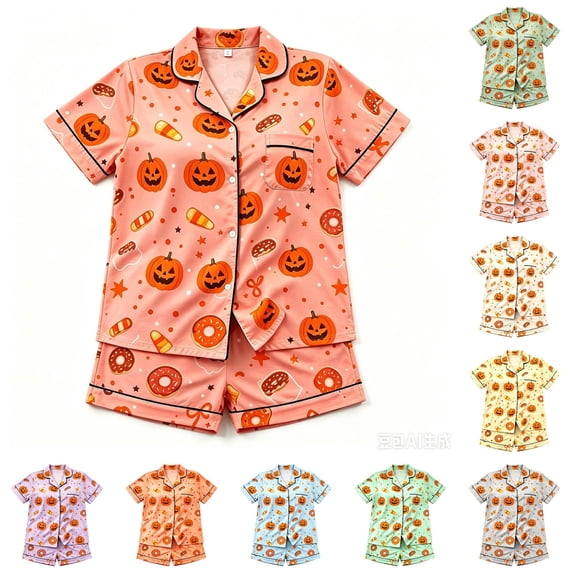 JAJAHO Girls Halloween Pajamas Pumpkin Pajama Set Short Sleeve Button Down 2 Piece Pjs 2-16Y
