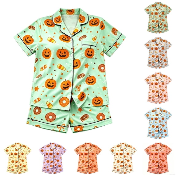 JAJAHO Girls Halloween Pajamas Pumpkin Pajama Set Short Sleeve Button Down 2 Piece Pjs 2-16Y