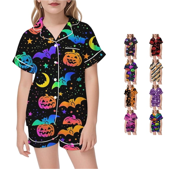 JAJAHO Girls Halloween Pajamas Short Sleeve Sleepwear Spooky Button Down 2 Piece Pjs For Kids 3-14Y