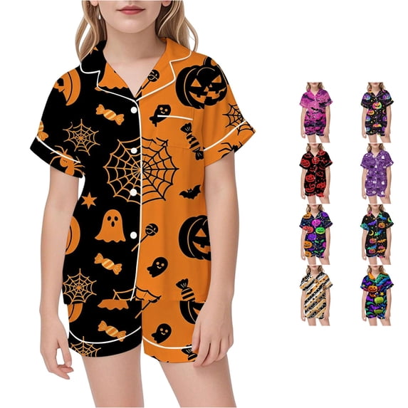 JAJAHO Girls Halloween Pajamas Short Sleeve Sleepwear Spooky Button Down 2 Piece Pjs For Kids 3-14Y