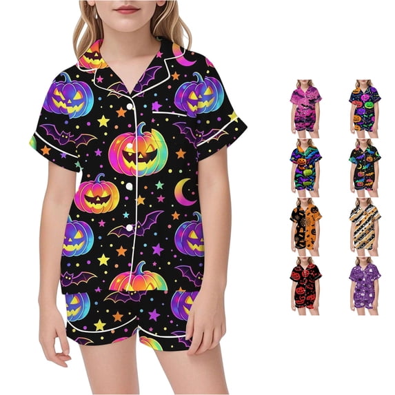 JAJAHO Girls Halloween Pajamas Short Sleeve Sleepwear Spooky Button Down 2 Piece Pjs For Kids 3-14Y