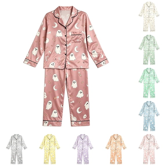 JAJAHO Girls Halloween Pajamas Silk Satin Pajama Set Cute Ghost Print Long Sleeve Button Down 2 Piece Pjs 2-16Y