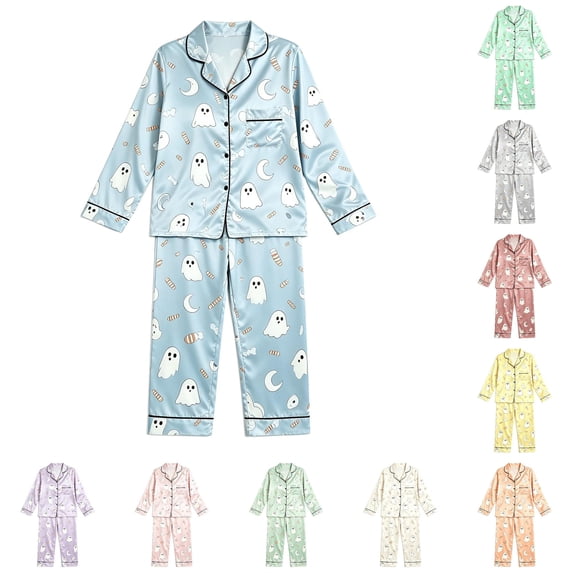 JAJAHO Girls Halloween Pajamas Silk Satin Pajama Set Cute Ghost Print Long Sleeve Button Down 2 Piece Pjs 2-16Y