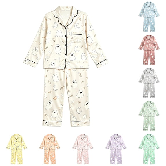 JAJAHO Girls Halloween Pajamas Silk Satin Pajama Set Cute Ghost Print Long Sleeve Button Down 2 Piece Pjs 2-16Y