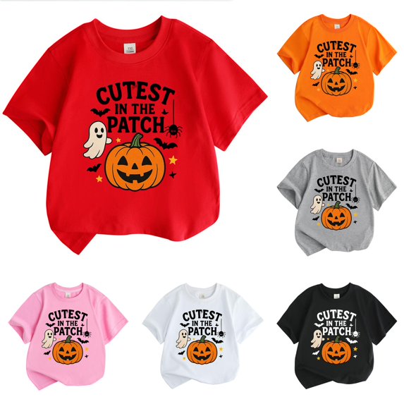 JAJAHO Girls Halloween T Shirts Kids Pumpkin Letter Printed Short Sleeve Casual Graphic Tee 3-13Y