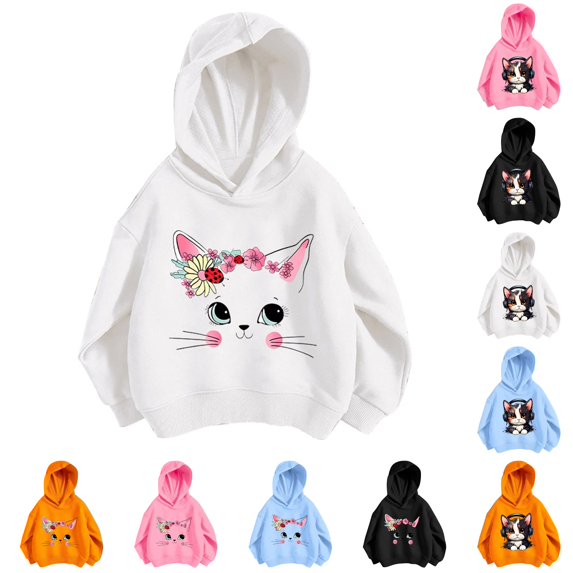 JAJAHO Girls Hoodies Cute Cat Printed Long Sleeve Hooded Sweatshirts Lightweight Loose Fit Fall Pullover Tops For Kids 3-12Y