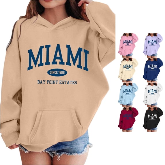JAJAHO Girls Hoodies Miami City Letter Printed Long Sleeve Sweatshirt Kids Oversized Drop Shoulder Pullover Tops 2-13Y