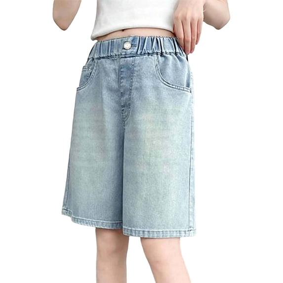 JAJAHO Girls Jean Shorts Casual Summer Elastic Waist Loose Fit Wide Leg Mid Rise Knee Length Denim Shorts For Kids 3-12Y