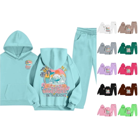 JAJAHO Girls Jogger Set 2 Piece Pullover Hoodie And Sweatpants Set California Printed Tracksuit For Kids 2-13Y