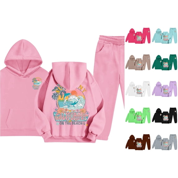 JAJAHO Girls Jogger Set 2 Piece Pullover Hoodie And Sweatpants Set California Printed Tracksuit For Kids 2-13Y