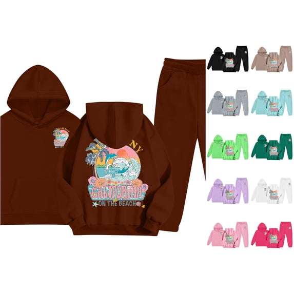 JAJAHO Girls Jogger Set 2 Piece Pullover Hoodie And Sweatpants Set California Printed Tracksuit For Kids 2-13Y