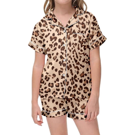 JAJAHO Girls Leopard Pajamas Set Short Sleeve Button Down 2 Piece Pjs Loungewear Set For Kids 1-14Y