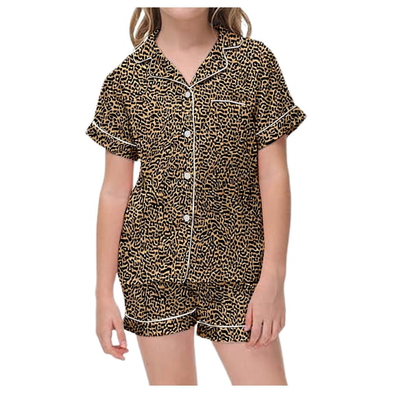 JAJAHO Girls Leopard Pajamas Set Short Sleeve Button Down 2 Piece Pjs Loungewear Set For Kids 1-14Y