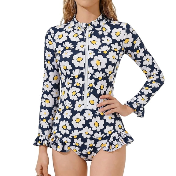 JAJAHO Girls Long Sleeve One Piece Swimsuit Summer Floral Print Rash Guard Bathing Suit For Kids 2-8Y Crew High Neck Zipper Trendy Swimwear