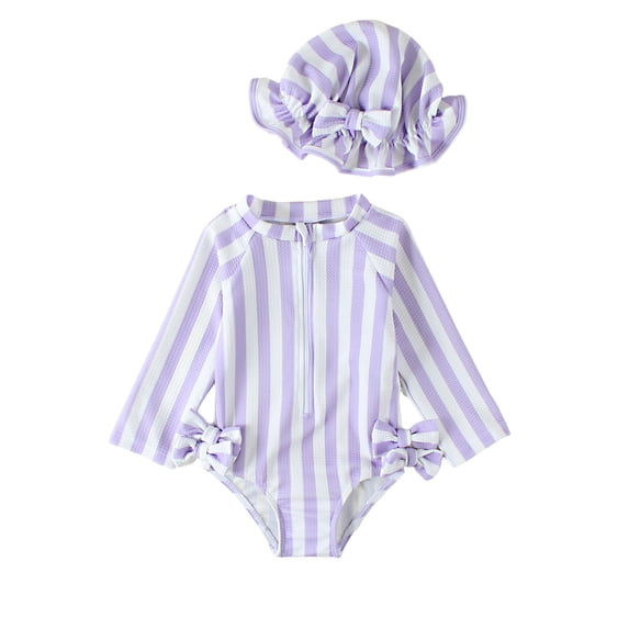 JAJAHO Girls Long Sleeve Swimsuit One Piece Bathing Suit Striped Zipper Beachwear With Hat For Toddler Kids Stylish Swimwear