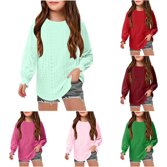 JAJAHO Girls Long Sleeve T Shirt Boho Hallow Out Casual Loose Fit Curved Hem Fall Pullover Basic Tees For Kids 6-16Y