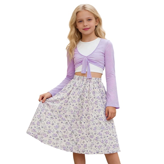 JAJAHO Girls Long Sleeve Tie Belt Jacket With Vest And Floral Print Skirt Three Piece Outfit For Toddlers And Kids Soft Outfit