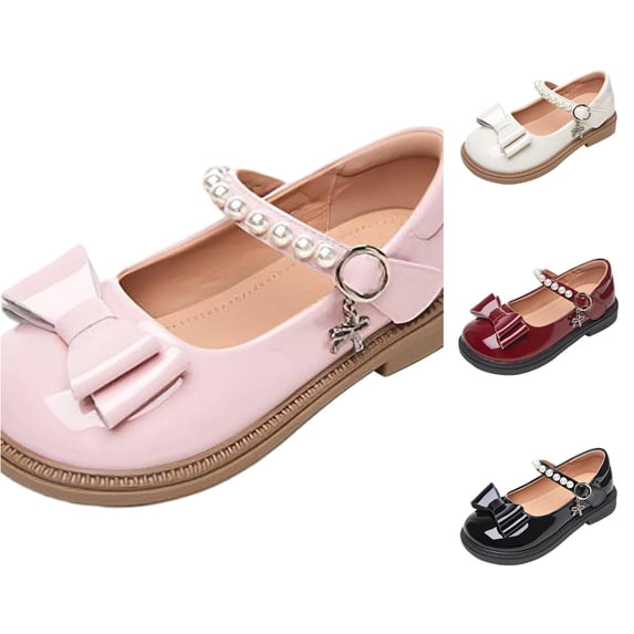 JAJAHO Girls Mary Jane Flats Dress Shoes Bow Pearl Pu Leather Hook And Loop Kids School Uniform Shoes Wedding Party Footwear 2-13Y
