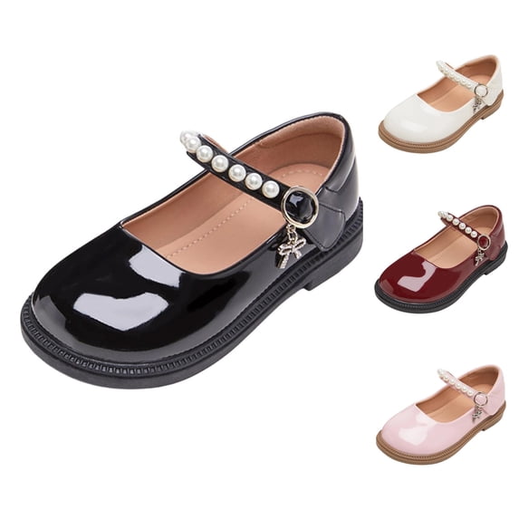 JAJAHO Girls Mary Jane Flats Dress Shoes Pu Leather Pearl Hook And Loop Kids School Uniform Shoes Wedding Party Footwear 2-13Y