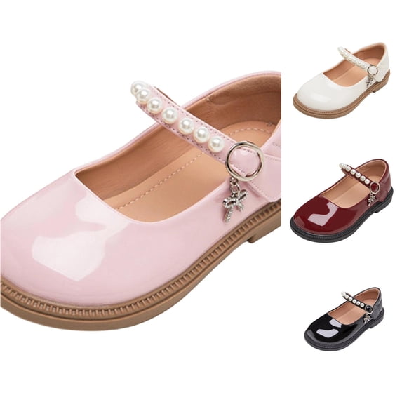 JAJAHO Girls Mary Jane Flats Dress Shoes Pu Leather Pearl Hook And Loop Kids School Uniform Shoes Wedding Party Footwear 2-13Y