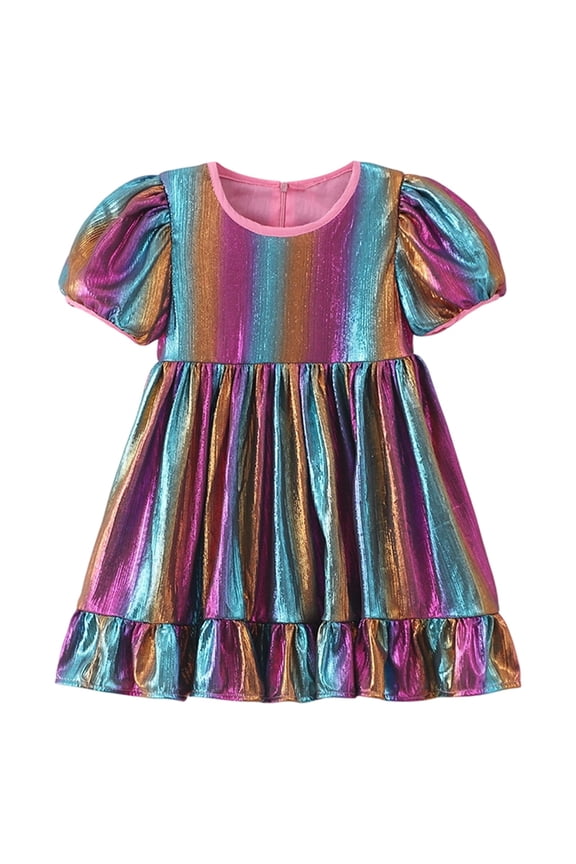 Girls Metallic Summer Dress Rainbow Puff Short Sleeve Crewneck A-Line Midi Dress For Kids Toddler Party Trendy Dresses