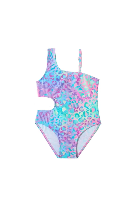 Girls One Piece Swimsuit Fashion Leopard Printed Asymmetrical Bathing Suit High Cut Hallow Out Beachwear For Kids 4-8 Years Trendy Swimwear
