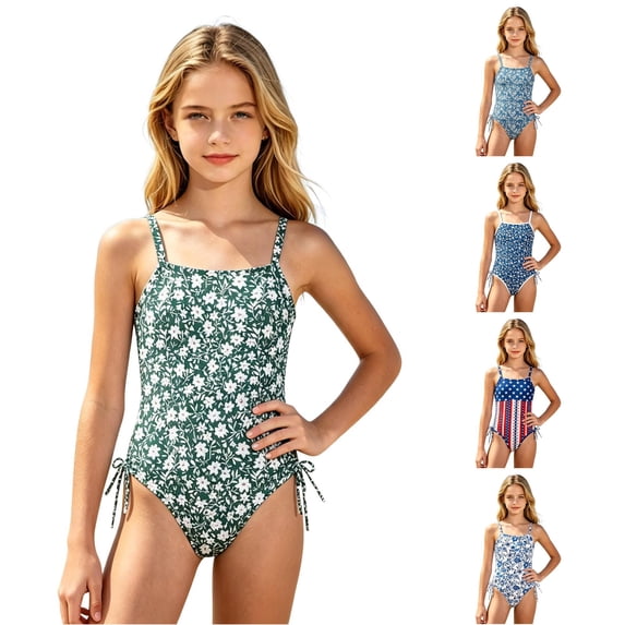 JAJAHO Girls One Piece Swimsuit Floral Print Side Drawstring Spaghetti Strap Full Coverage Ruched Bathing Suit For Kids Teens 7-18Y