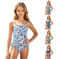 thumbnail image 1 of JAJAHO Girls One Piece Swimsuit Floral Print Side Drawstring Spaghetti Strap Full Coverage Ruched Bathing Suit For Kids Teens 7-18Y, 1 of 5