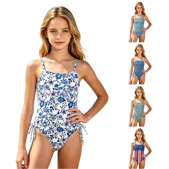 JAJAHO Girls One Piece Swimsuit Floral Print Side Drawstring Spaghetti Strap Full Coverage Ruched Bathing Suit For Kids Teens 7-18Y