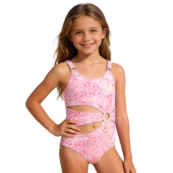 JAJAHO Girls One Piece Swimsuit Leopard Adjustable Spaghetti Straps Hallow Out Beach Pool Water Play Bathing Suit 5-16Y Casual Swimwear