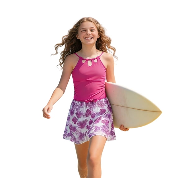 JAJAHO Girls One Piece Swimsuit With Skirts 2 Piece Beach Outfits Tropical Printed Padded Hallow Out Bathing Suit With Adjustable Straps Cozy Swimwear