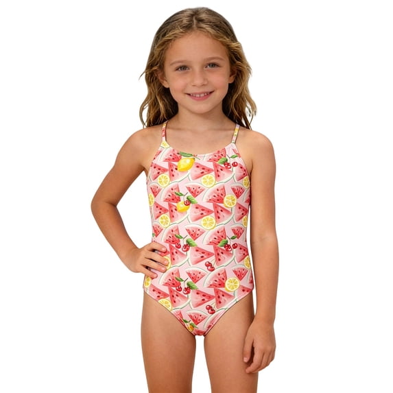 JAJAHO Girls One Piece Swimsuit Summer Peach Print Spaghetti Strap Full Coverage Bathing Suit For Kids 4-10Y Lovely Beachwear