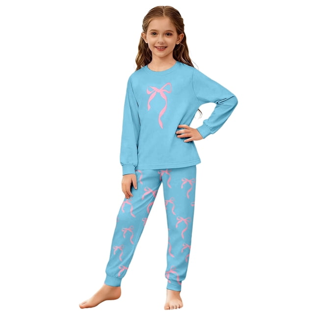 JAJAHO Girls Outfits Set 2 Piece Home Clothes Set Kids Bow Print Long Sleeve Crewneck Top Ankle-Tied Bottoms Ages 3-14 Years Comfy Outfit