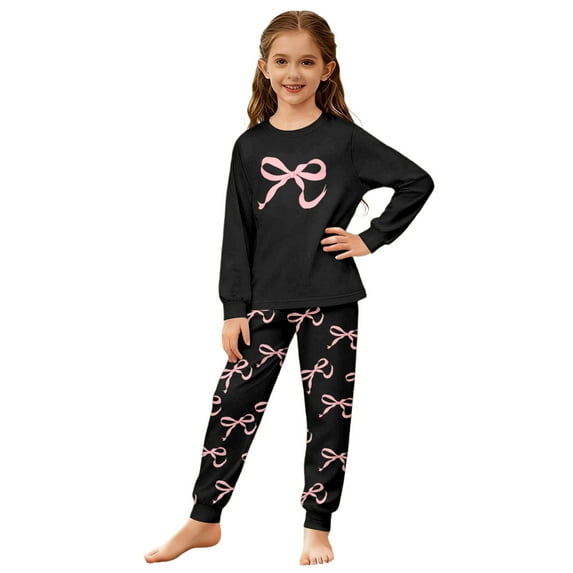 JAJAHO Girls Outfits Set 2 Piece Home Clothes Set Kids Bow Print Long Sleeve Crewneck Top Ankle-Tied Bottoms Ages 3-14 Years Soft Outfit