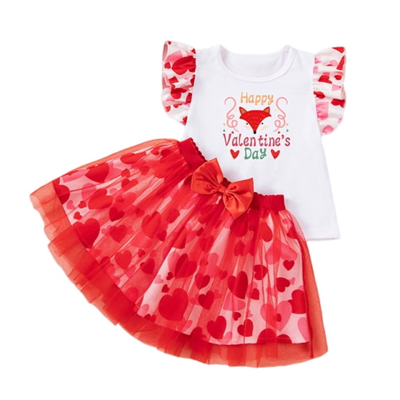 JAJAHO Girls Outfits Toddler Kids Girl Tutu Skirts Set Valentine's Day Sleeveless Ruffle Tank Tops And Heart Print Tulle Skirt 2 Piece Cute Outfit