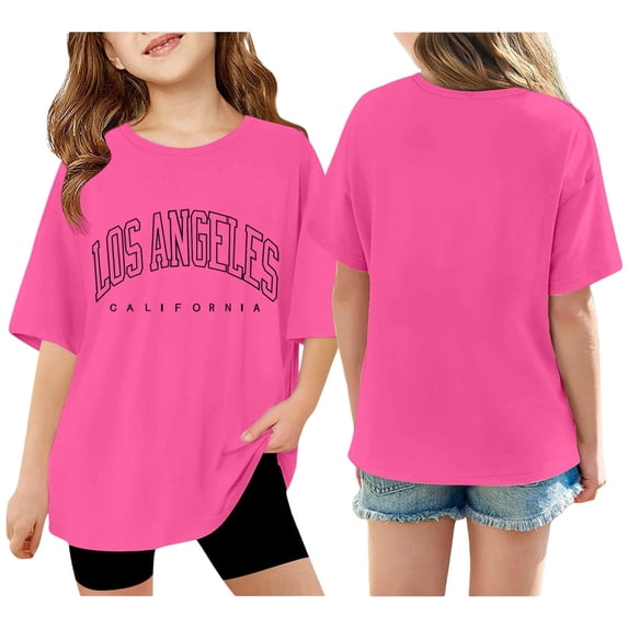 JAJAHO Girls Oversized Letter Graphic Tee Short Sleeve Summer Crew Neck Baggy Streetwear T Shirts For Kids 3-14 Years Stylish Tops