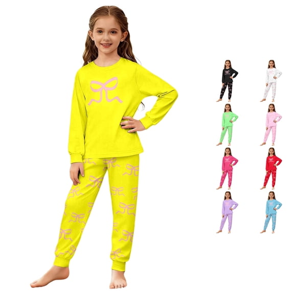 JAJAHO Girls Pajamas Bow Print Long Sleeve Top And Pants 2 Piece Loungewear Set Sizes 3-14Y