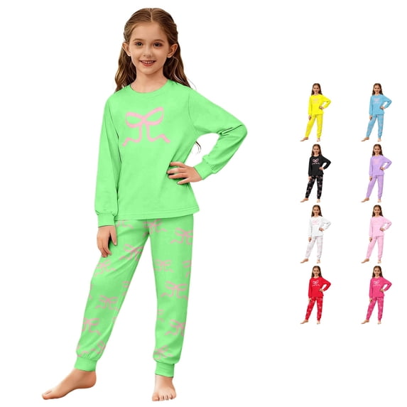 JAJAHO Girls Pajamas Bow Print Long Sleeve Top And Pants 2 Piece Loungewear Set Sizes 3-14Y