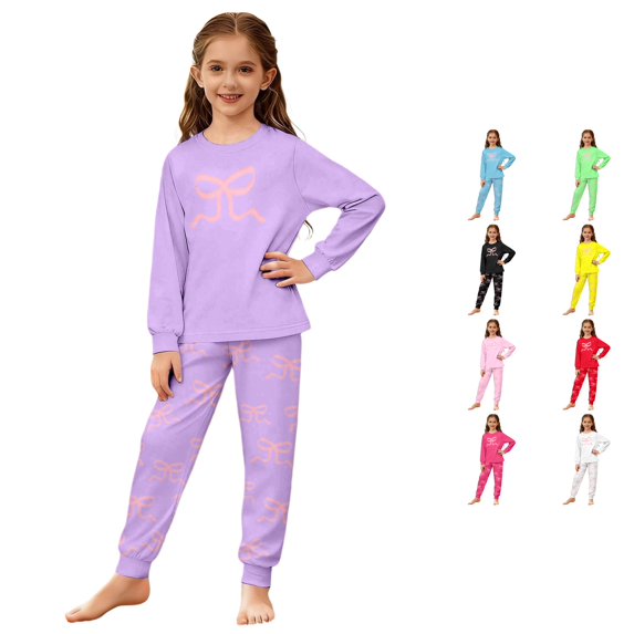 JAJAHO Girls Pajamas Bow Print Long Sleeve Top And Pants 2 Piece Loungewear Set Sizes 3-14Y
