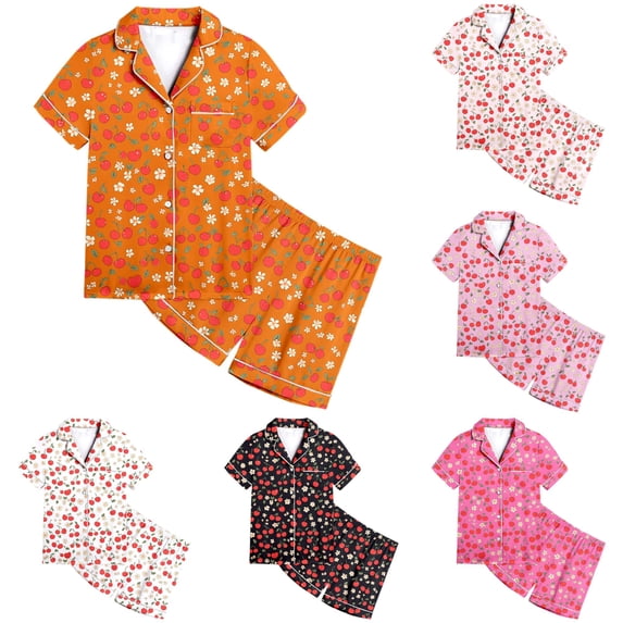 JAJAHO Girls Pajamas For Kids 2-13Y Satin 2 Piece Sets Cherry Printed Short Sleeve Button Up Shirts And Shorts Set