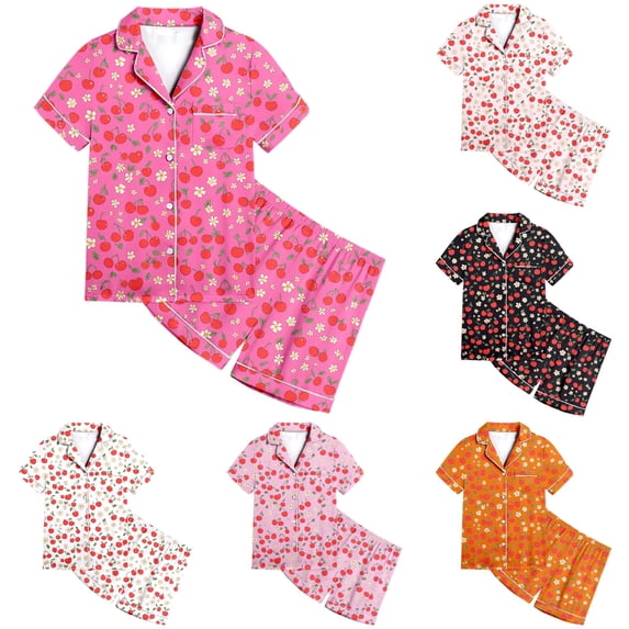 JAJAHO Girls Pajamas For Kids 2-13Y Satin 2 Piece Sets Cherry Printed Short Sleeve Button Up Shirts And Shorts Set