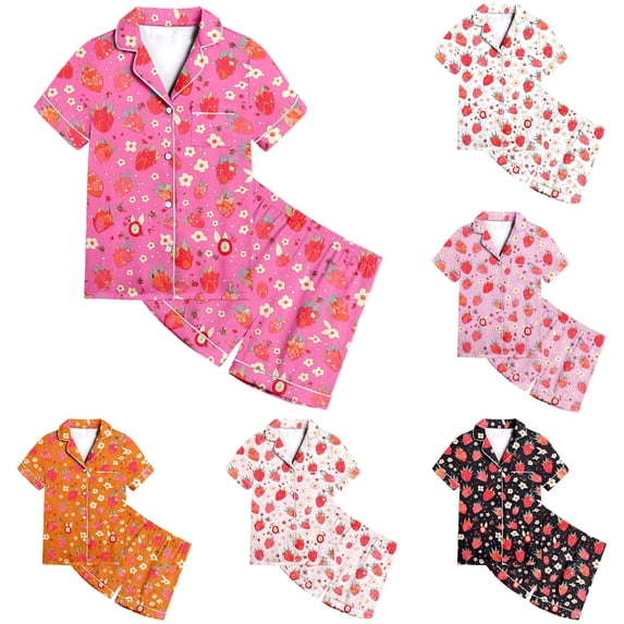 JAJAHO Girls Pajamas For Kids 2-13Y Satin 2 Piece Sets Strawberry Printed Short Sleeve Button Up Shirts And Shorts Set