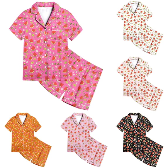 JAJAHO Girls Pajamas For Kids 2-13Y Satin 2 Piece Sets Watermelon Printed Short Sleeve Button Up Shirts And Shorts Set