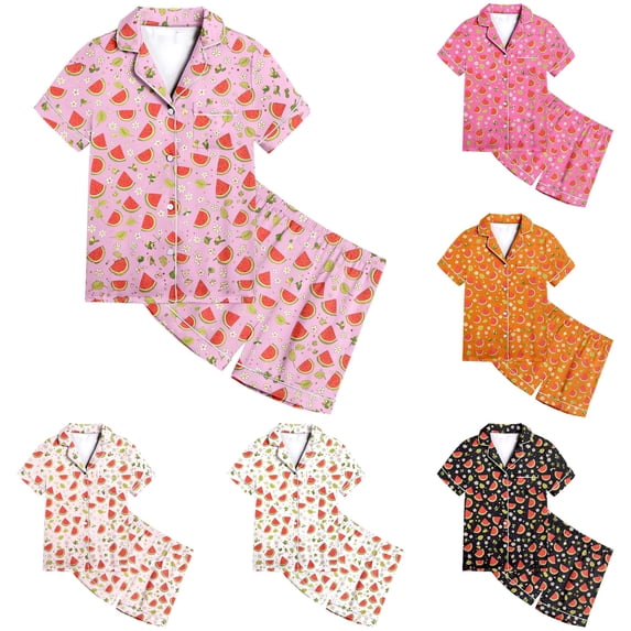 JAJAHO Girls Pajamas For Kids 2-13Y Satin 2 Piece Sets Watermelon Printed Short Sleeve Button Up Shirts And Shorts Set